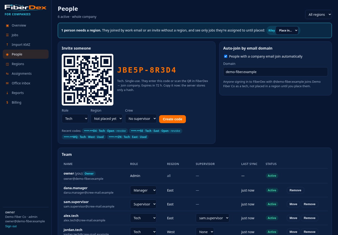 Office dashboard People page with an invite code and QR, demo data